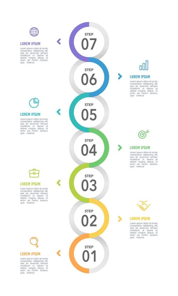 sequenza temporale Infografica design per attività commerciale presentazione. 7 strategia passaggi per successo. verticale sequenza temporale infografica. vettore illustratore.