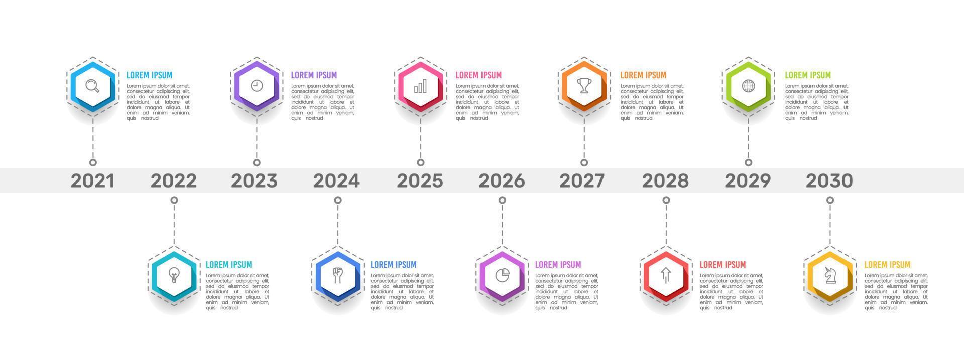 Infografica sequenza temporale esagono 10 anni. 10 anni anniversario. vettore illustrazione.