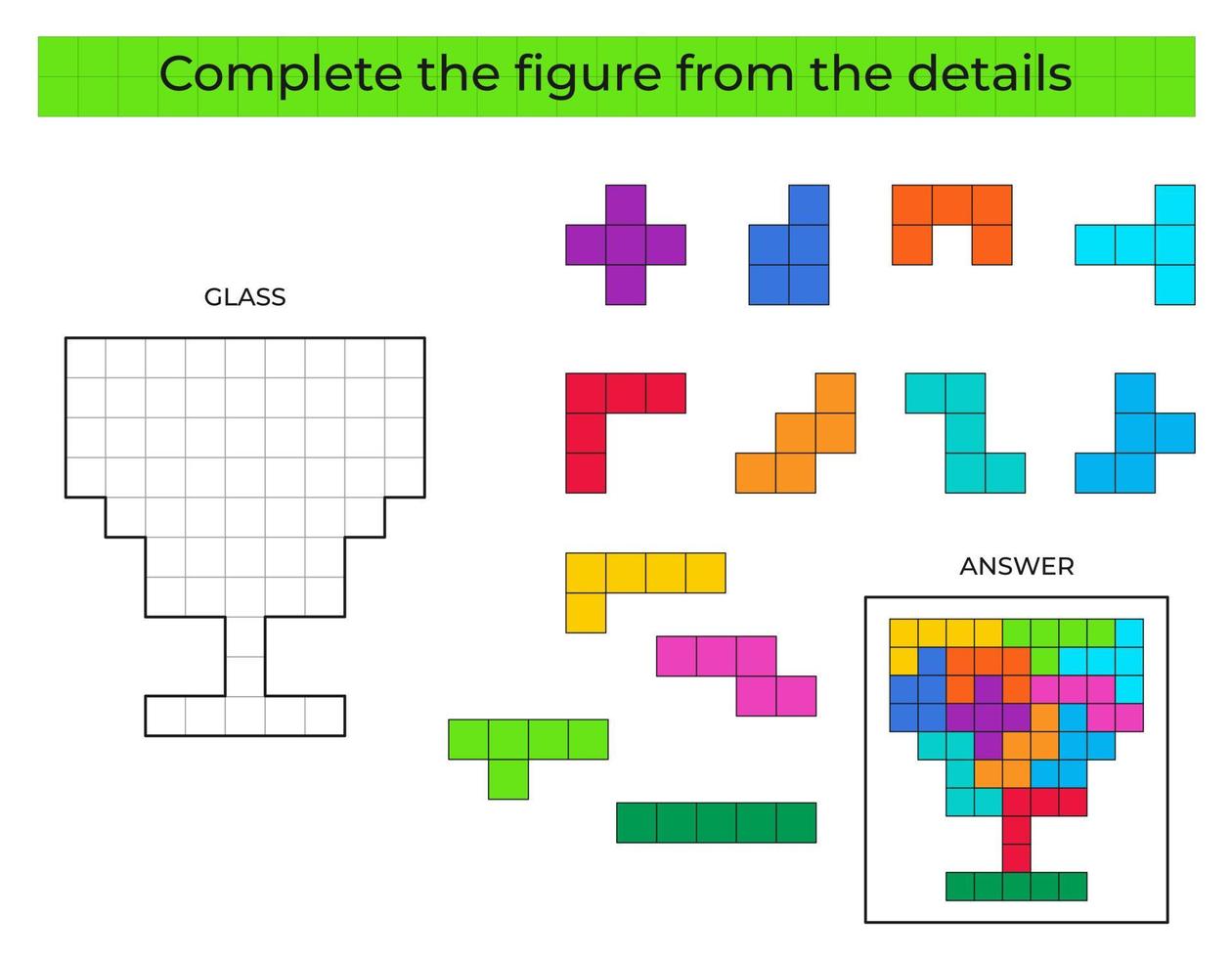 puzzle gioco con bicchiere. colorato dettagli per bambini. completare figura. formazione scolastica gioco per bambini, prescolastico foglio di lavoro attività. puzzle gioco. vettore illustrazione.