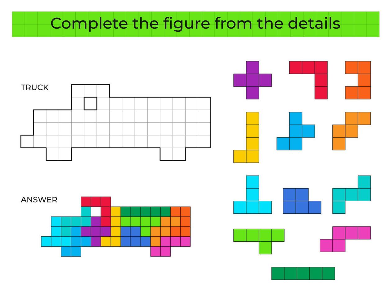 puzzle gioco con camion. colorato dettagli per bambini. completare figura. formazione scolastica gioco per bambini, prescolastico foglio di lavoro attività. tetris gioco. vettore illustrazione.