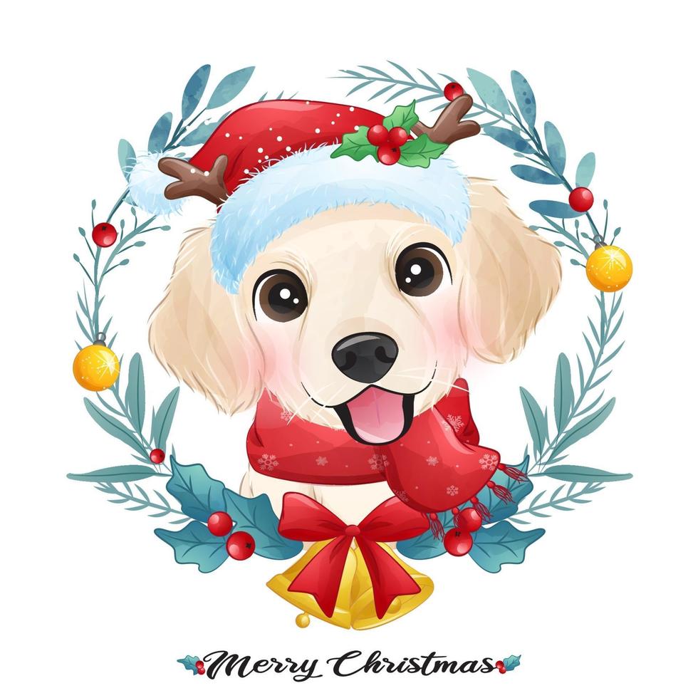 cucciolo carino doodle per Natale con illustrazione ad acquerello vettore