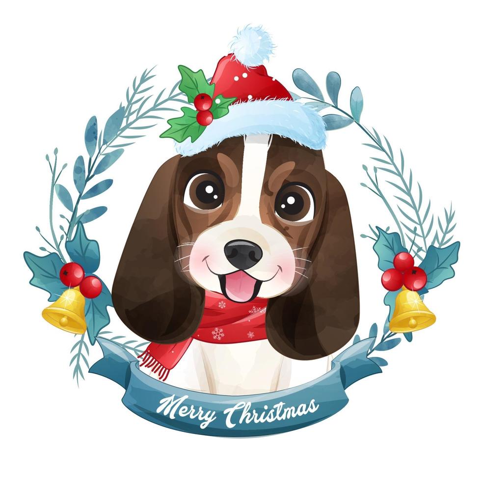 cucciolo carino doodle per Natale con illustrazione ad acquerello vettore