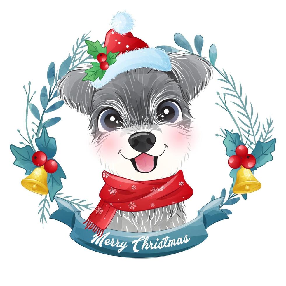 cucciolo carino doodle per Natale con illustrazione ad acquerello vettore