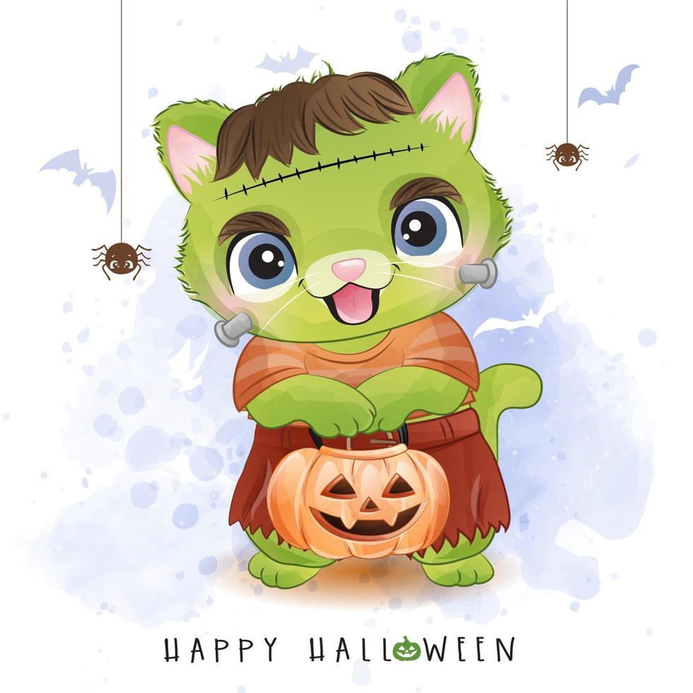 gattino carino per il giorno di halloween con illustrazione ad acquerello vettore