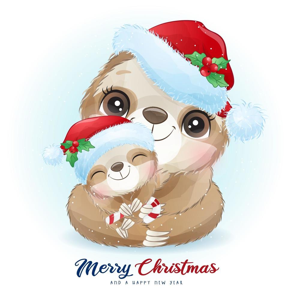 bradipo carino doodle per il giorno di Natale con illustrazione ad acquerello vettore