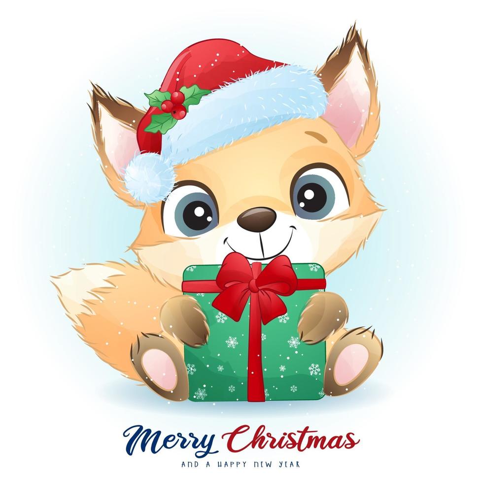 simpatico doodle foxy per il giorno di Natale con illustrazione ad acquerello vettore