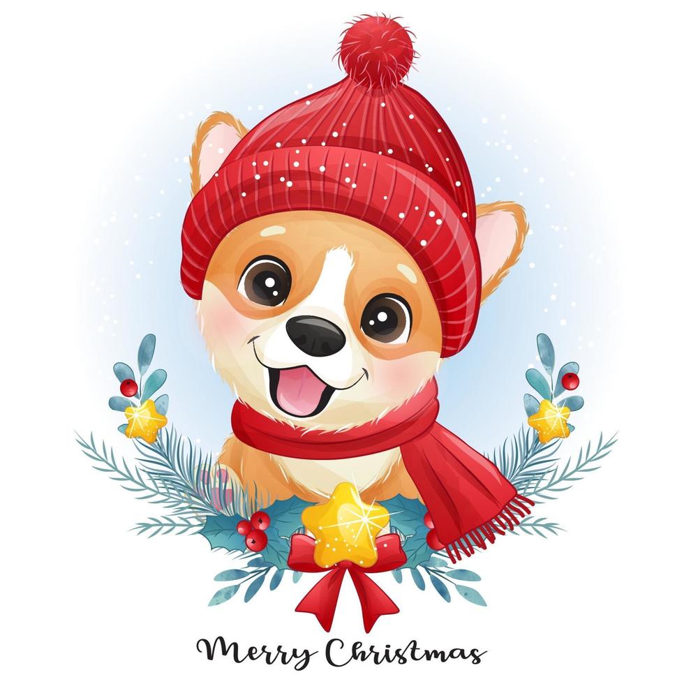 cucciolo carino doodle per Natale con illustrazione ad acquerello vettore