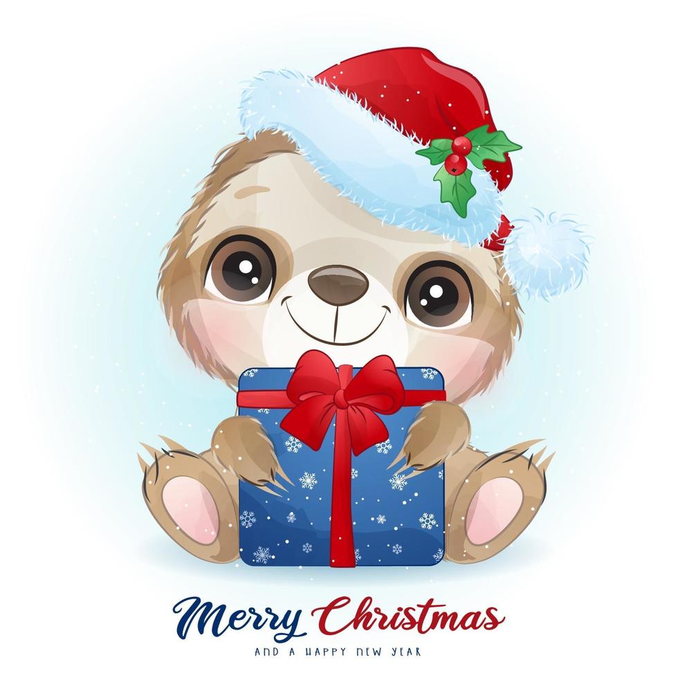 bradipo carino doodle per il giorno di Natale con illustrazione ad acquerello vettore