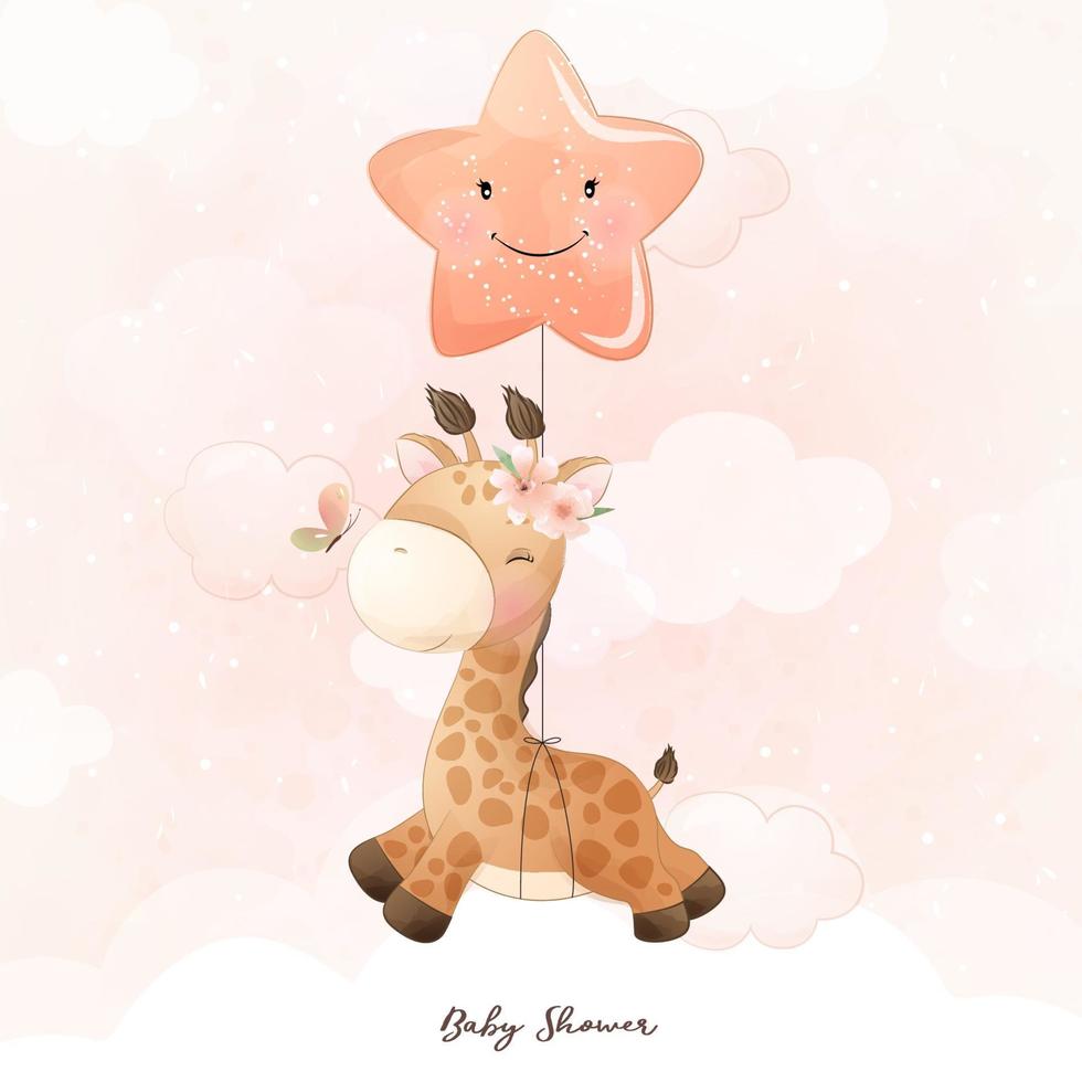 carino doodle giraffa con illustrazione floreale vettore