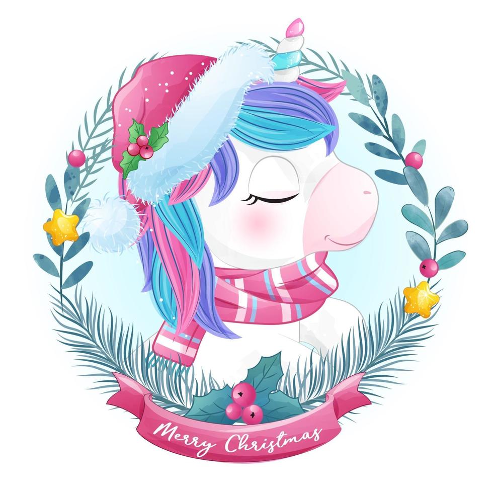 unicorno carino doodle per natale con illustrazione ad acquerello vettore