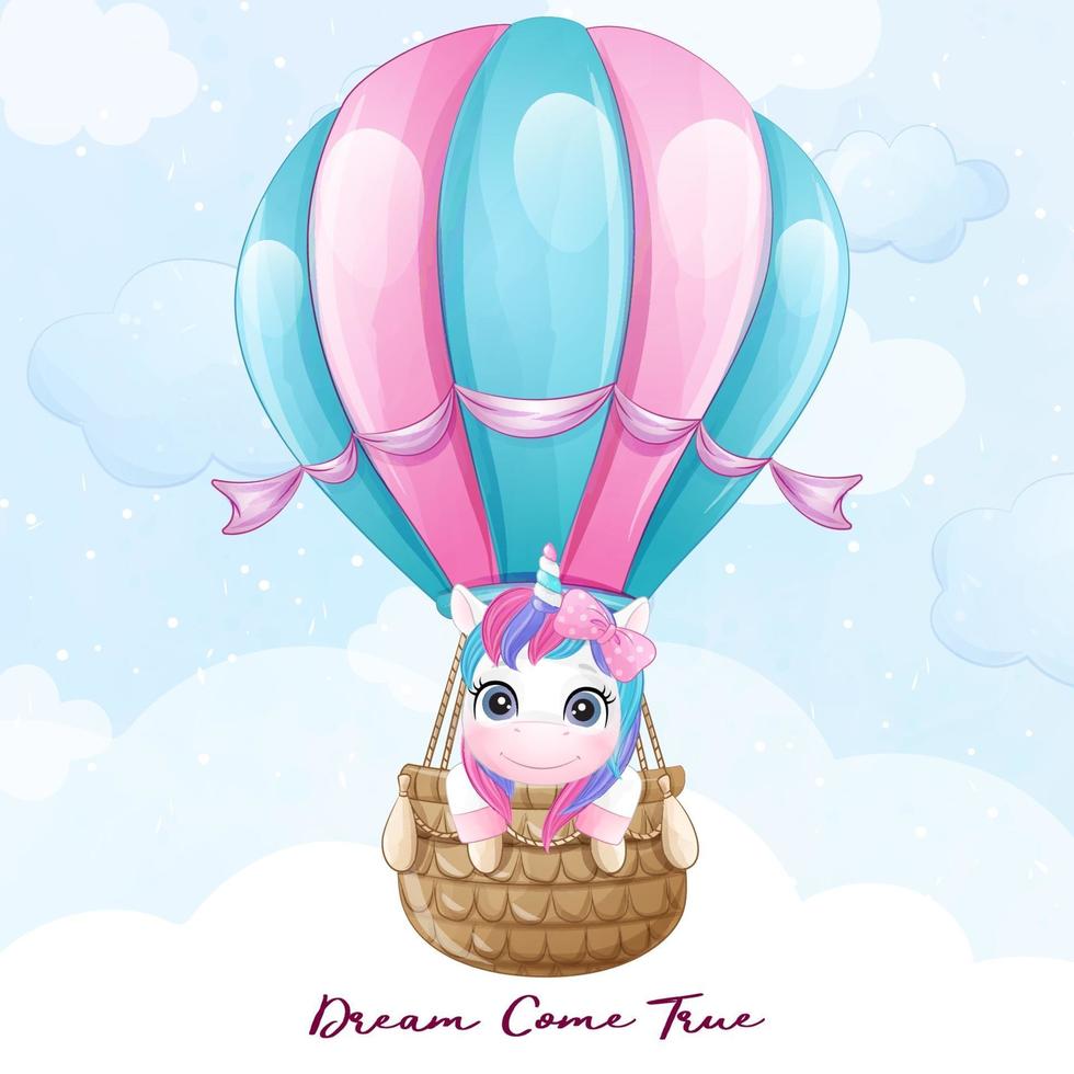 unicorno carino doodle che vola con illustrazione di mongolfiera vettore