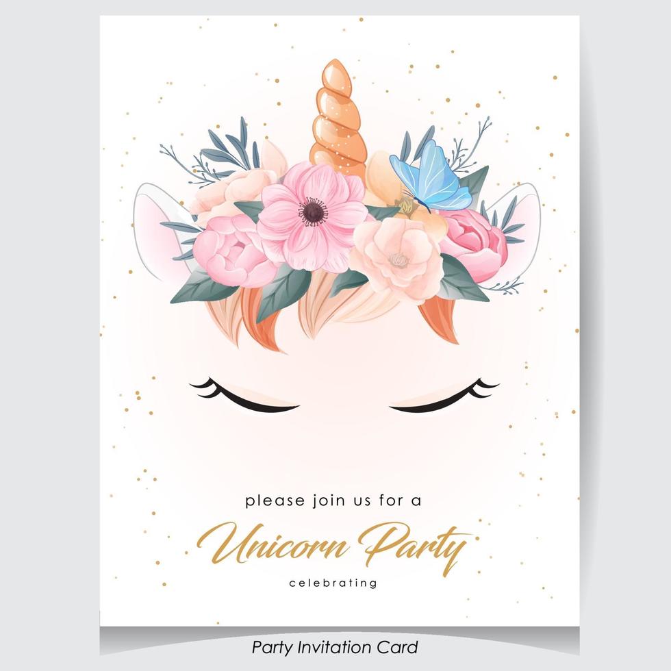 unicorno carino doodle con carta di invito fiore vettore