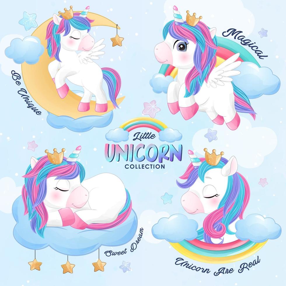 unicorno carino doodle impostato con illustrazione ad acquerello vettore