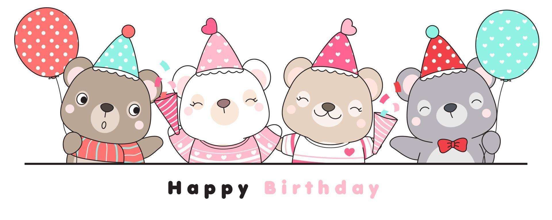 carino doodle orsi buon compleanno illustrazione vettore