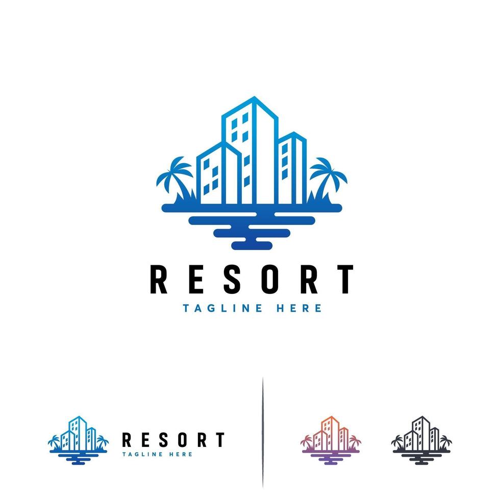 modello di logo di hotel e resort, costruzione di progetti di logo, logo di viaggio vettore