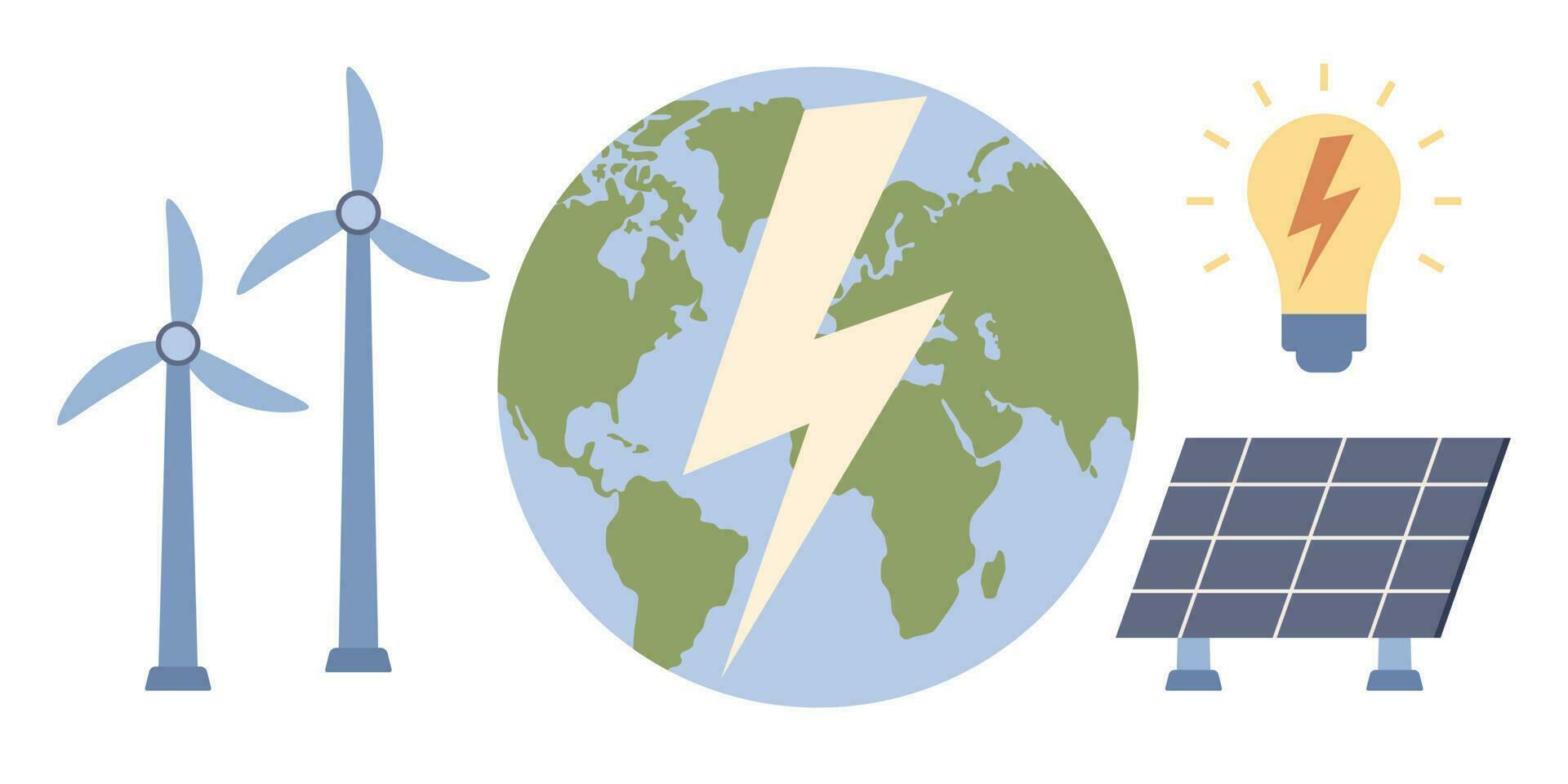 ecologia icona impostare. sostenibilità, verde energia, mulini a vento e solare pannelli. ambientale governo concetto. vettore piatto illustrazione