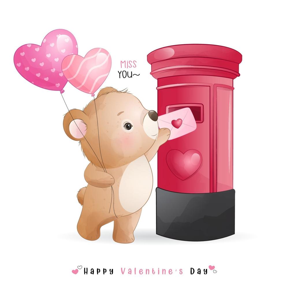 simpatico orso doodle per San Valentino vettore