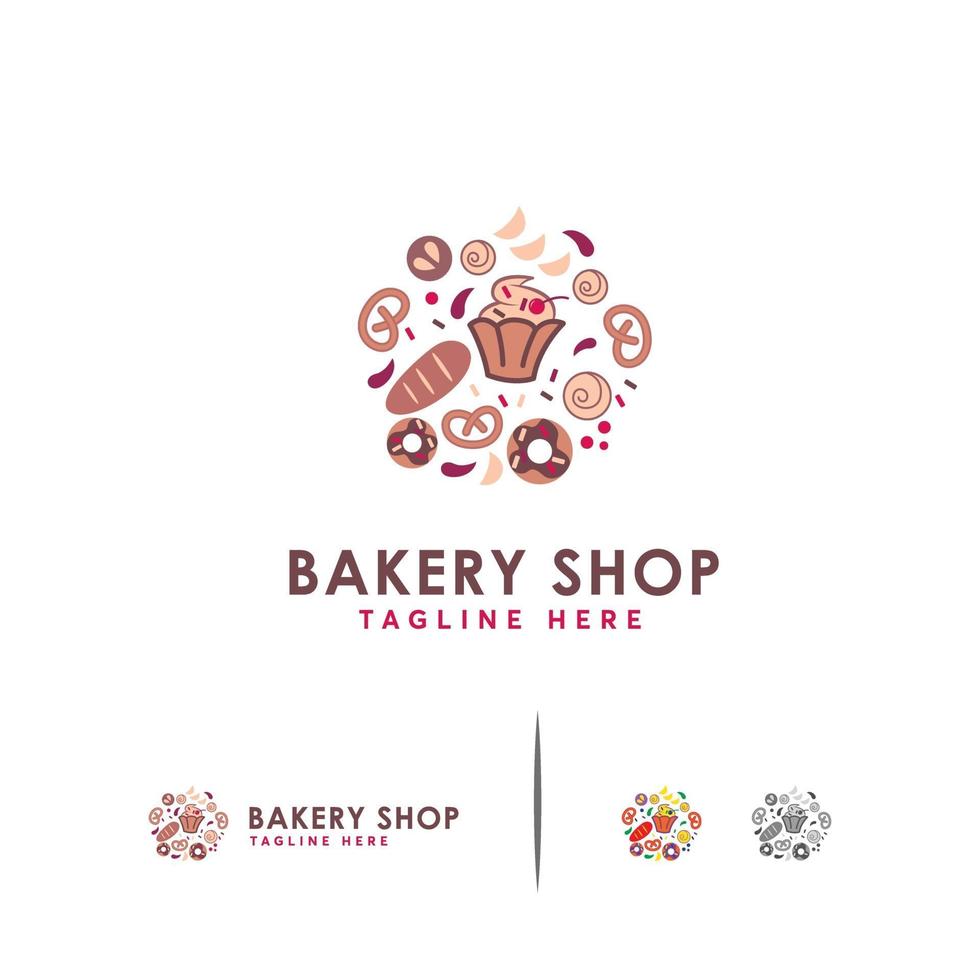stile lineare del modello di vettore di progettazione di logo del negozio di panetteria, modello di logo di pane e torta dolce