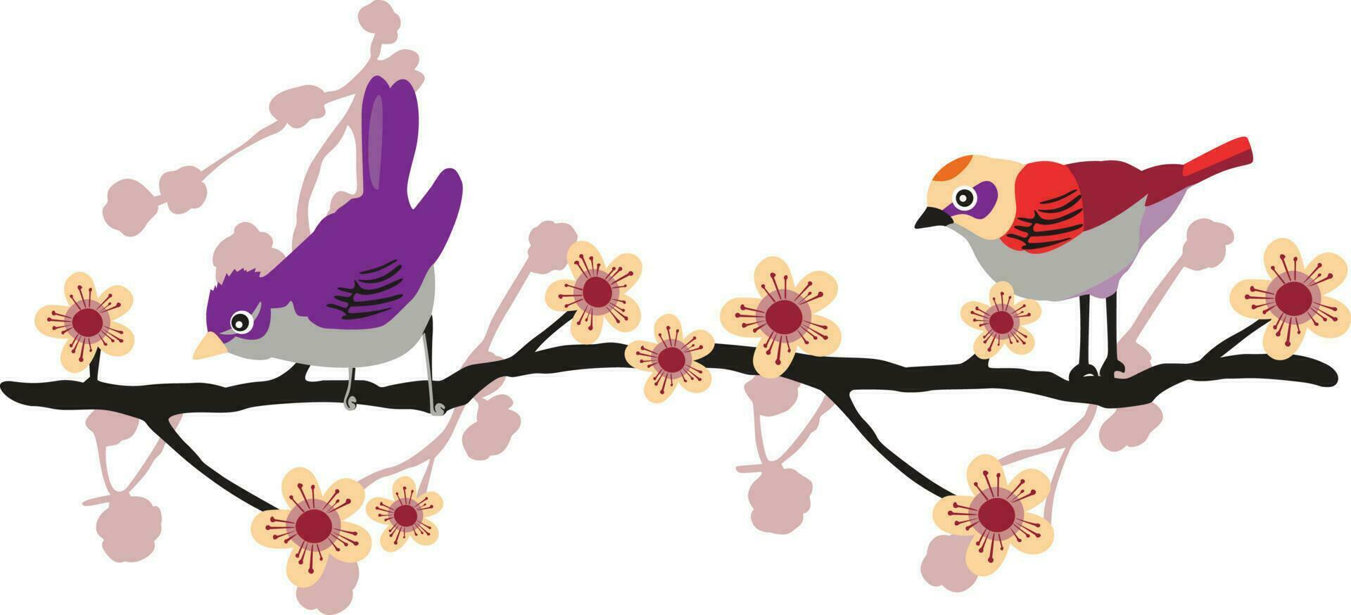 poco uccelli su il ramo di primavera fiori vettore