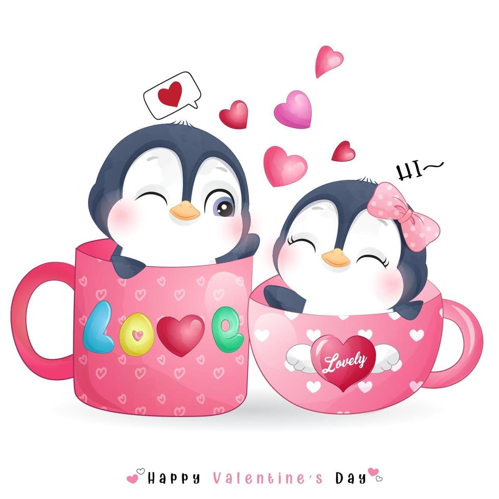 simpatico pinguino doodle per San Valentino vettore