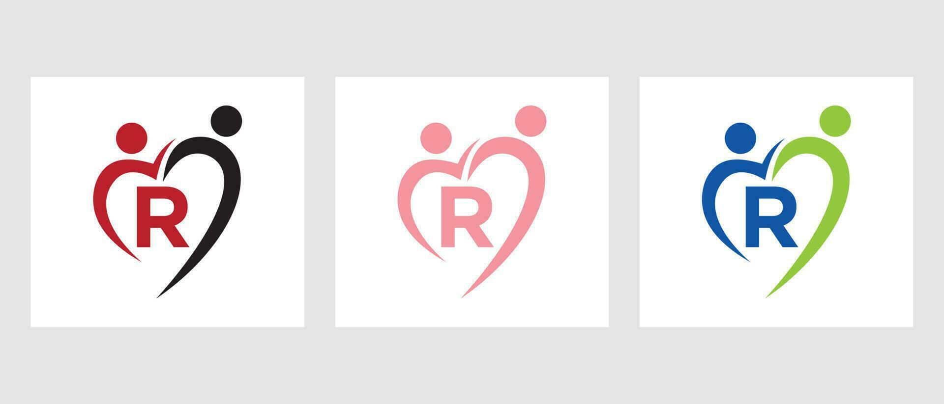 lettera r Comunità logo modello. lavoro di squadra, cuore, le persone, famiglia cura, amore logo. beneficenza donazione fondazione cartello vettore