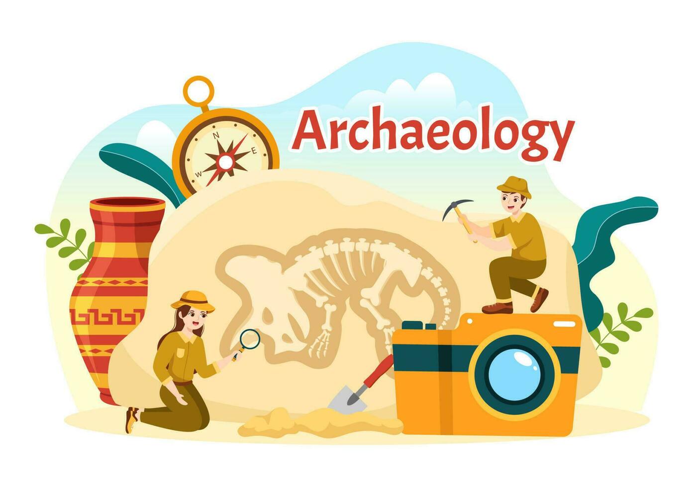 archeologia illustrazione con archeologico scavo di antico rovine, artefatti e dinosauri fossile nel piatto cartone animato mano disegnato modelli vettore