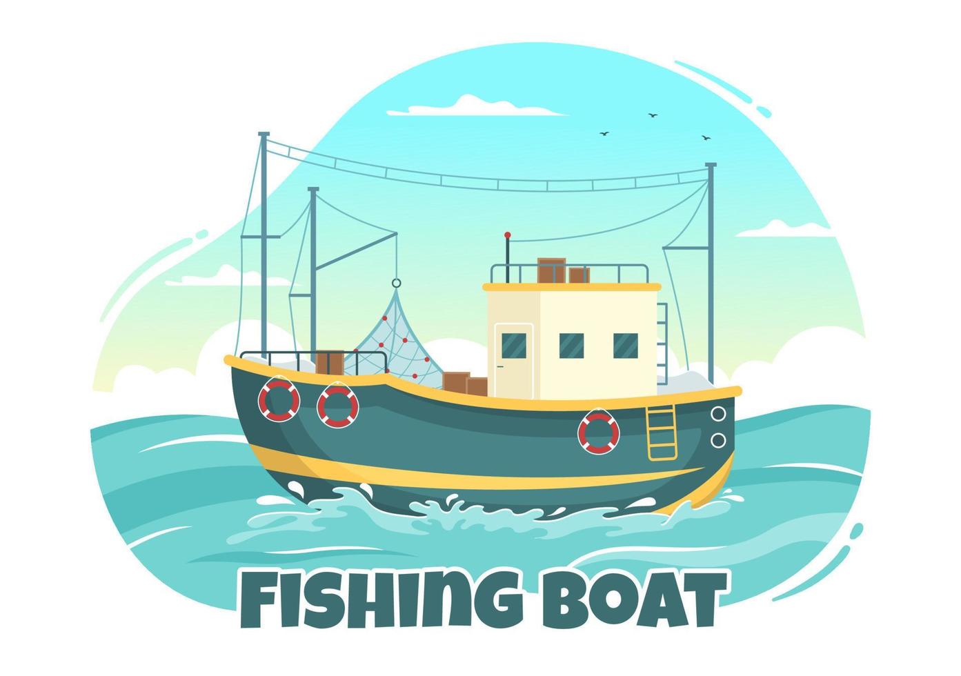 pesca barca illustrazione con pescatori a caccia pesce utilizzando nave per ragnatela bandiera o atterraggio pagina nel piatto cartone animato mano disegnato vettore modelli