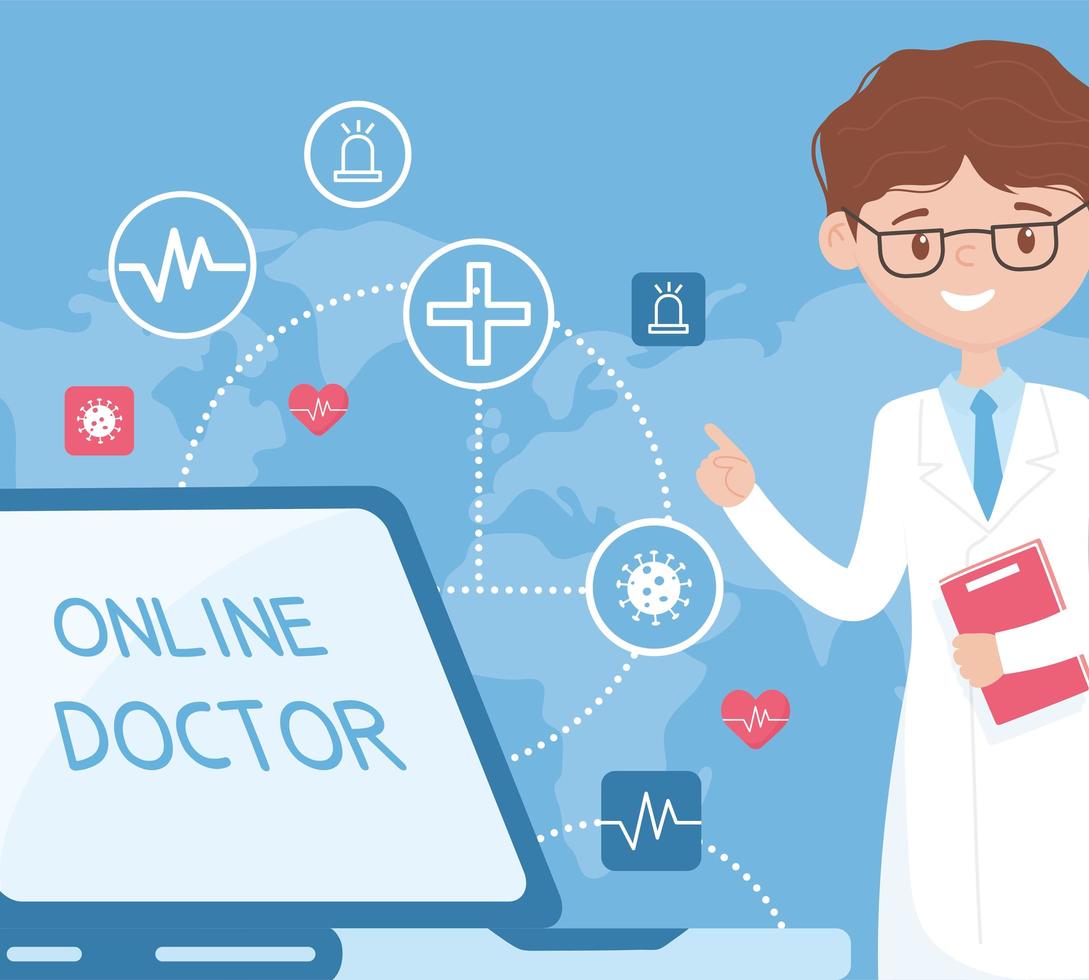 assistenza online con medico e laptop vettore