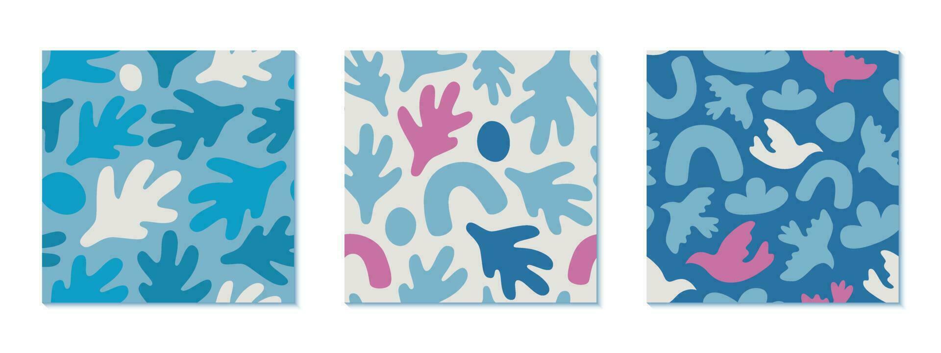 impostato di tre senza soluzione di continuità modelli con astratto forme nel blu e rosa colori. mano disegnato vario natura forme. bene per tessuto, involucro carta e copertine. vettore