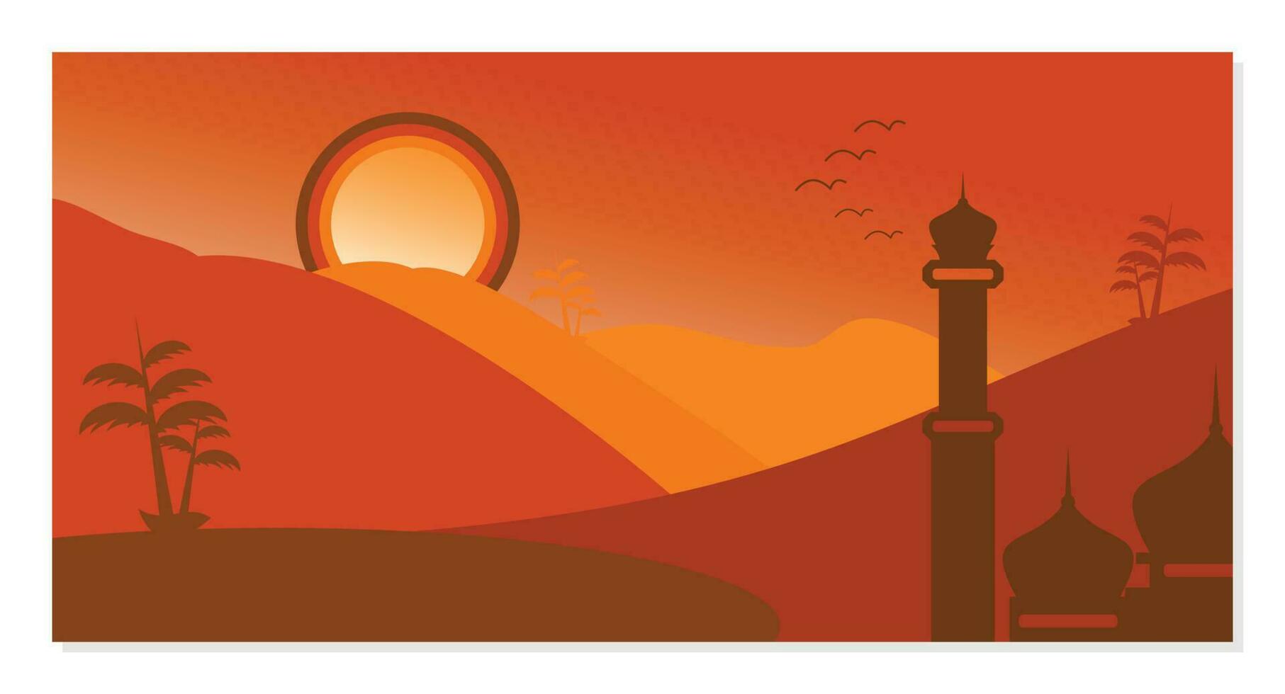 il sfondo di il montagne ha un islamico tatto, con il silhouette ornamenti di il moschea, alberi e il sera sole. vettore modello per striscioni, saluto carte per islamico vacanze.