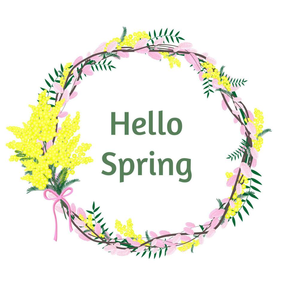 primavera giallo fiori mimosa e salice ramo ghirlanda. mimosa mazzo. piatto vettore illustrato Ciao primavera