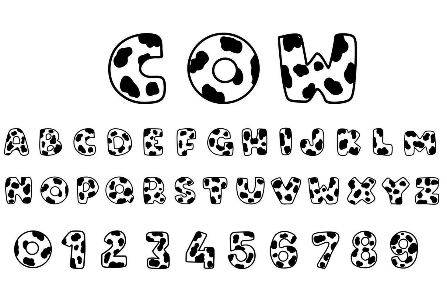 mucca alfabeto lettere e numeri animale azienda agricola vettore e illustrazione