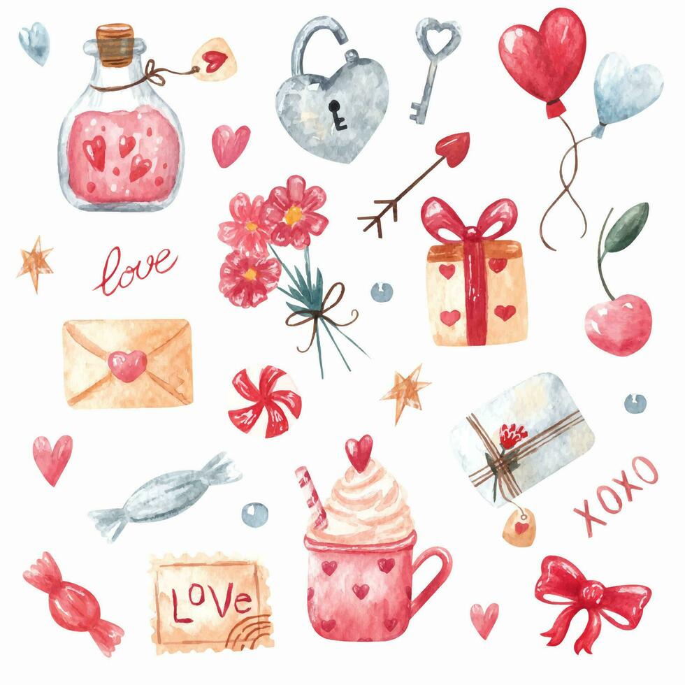 mano disegnato acquerello elementi per San Valentino giorno. simbolo di romanza, amore come cuori, dolci, fiori, palloncini, i regali, lettera vettore