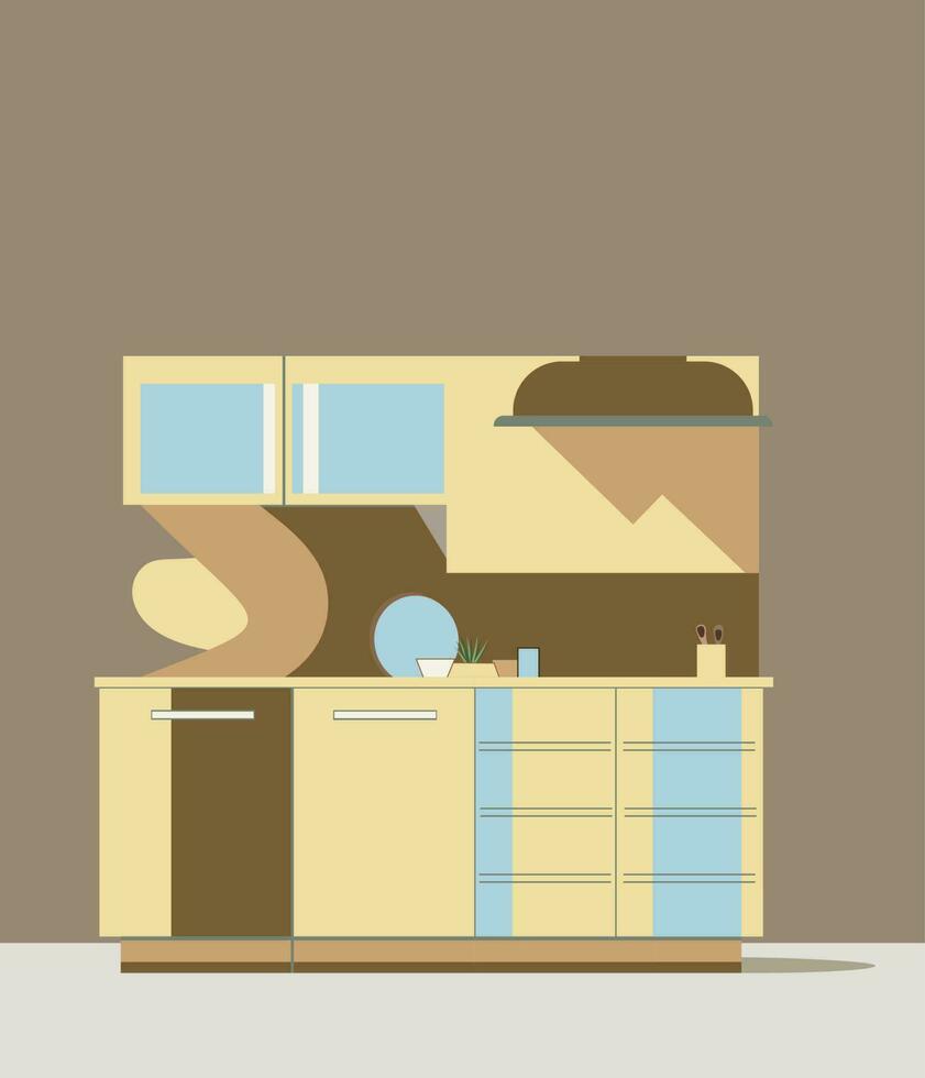 cucina con davanti Visualizza mobilia nel Marrone toni. 2d piatto Immagine camera interno vettore