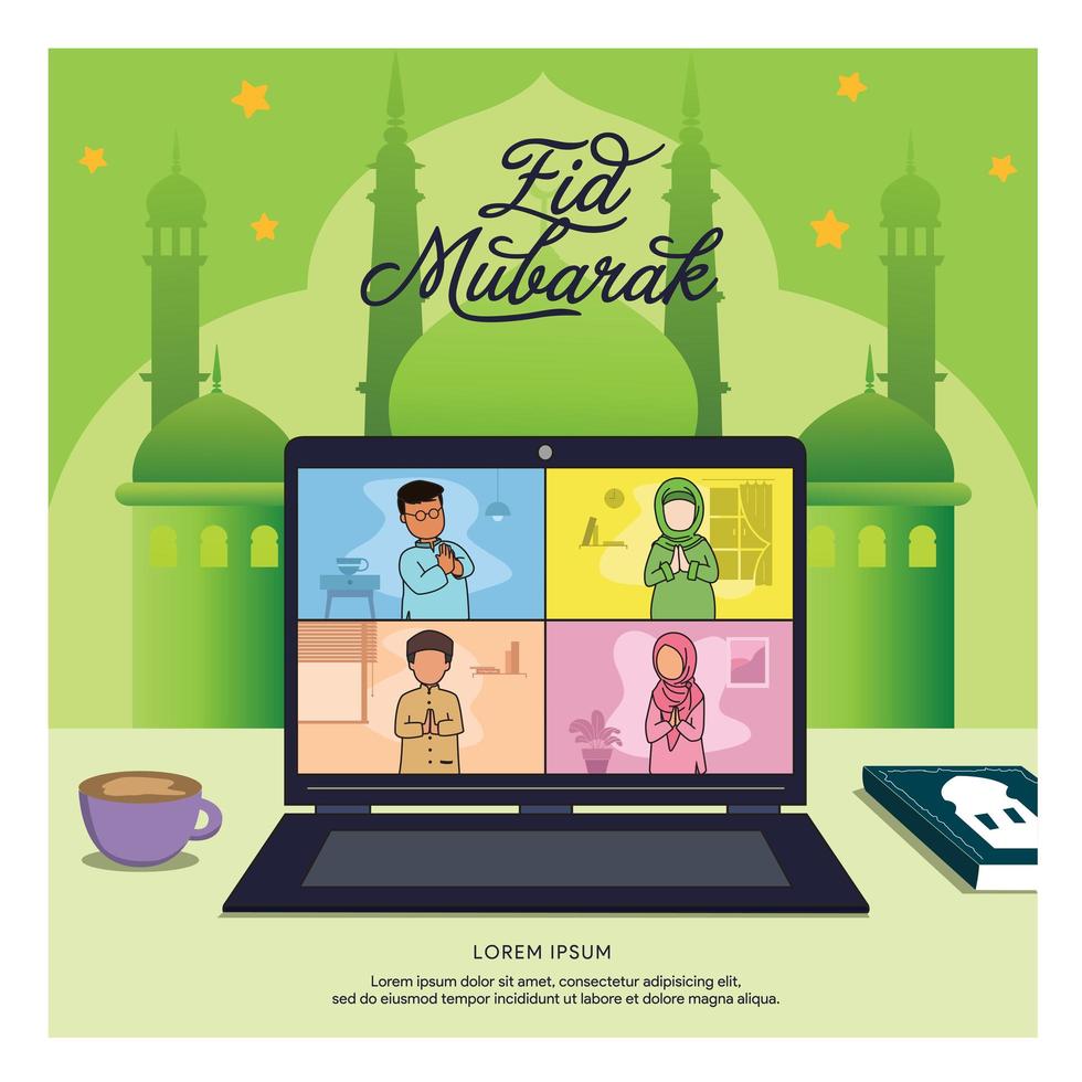 raduno di ramadan tramite laptop, con uno stile di design a illustrazione piatta, con un bellissimo sfondo di moschea. vettore