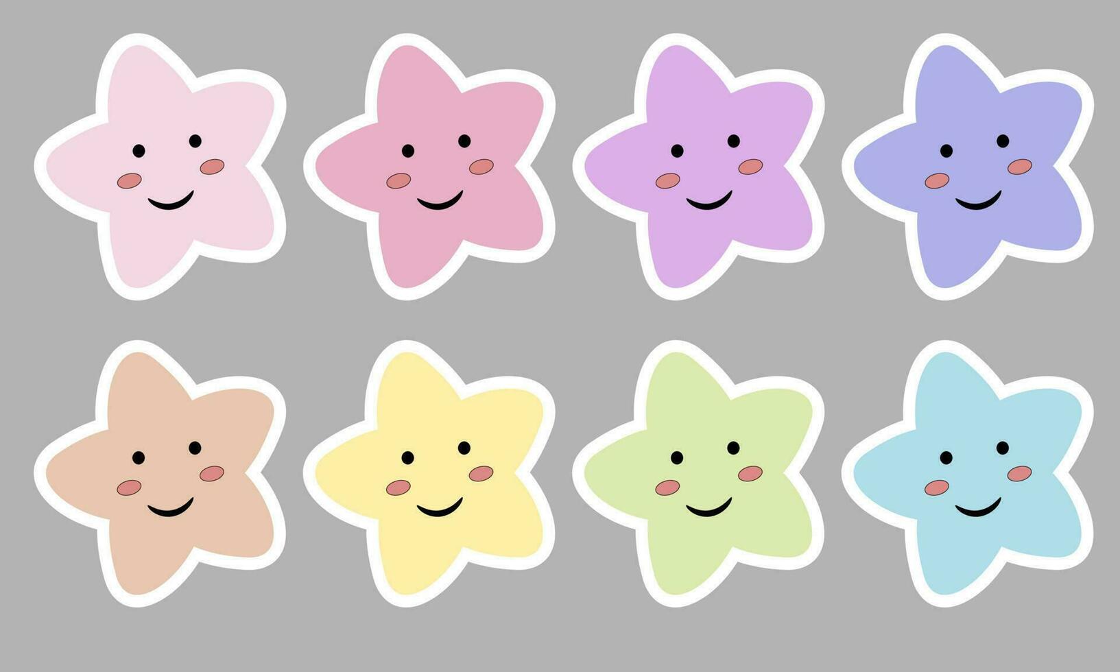 kawaii carino stelle pastello con Sorridi facce cartone animato su grigio sfondo per bambini. illustrazione vettore. carino stella cartone animato adesivi vettore impostare.