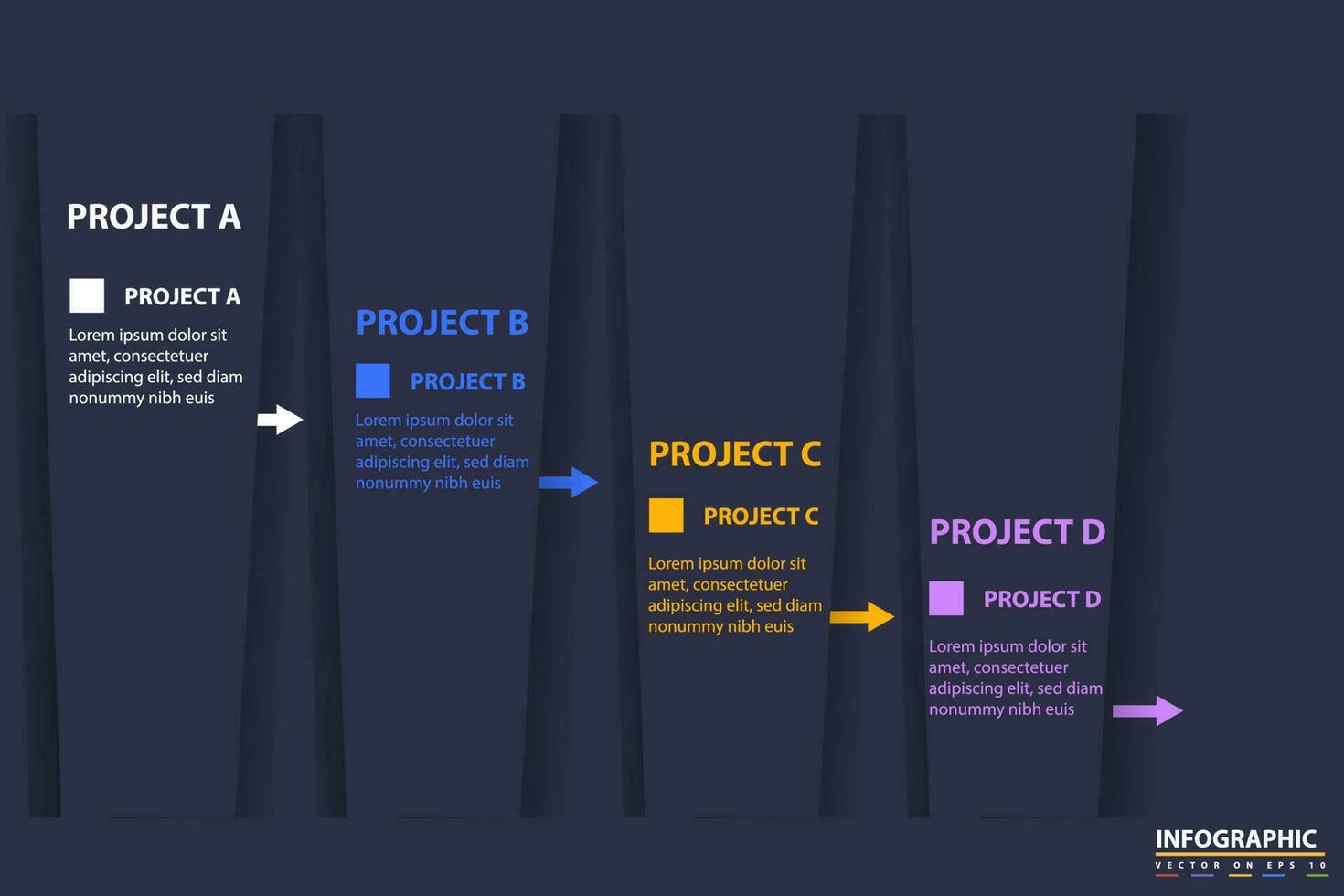 Infografica modello per attività commerciale. 4 progetto moderno sequenza temporale diagramma con freccia e argomento, presentazione vettore Infografica sequenza temporale.