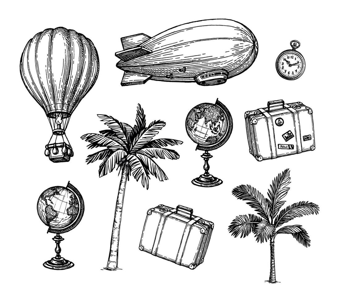 Vintage ▾ viaggio impostare. inchiostro schizzo di retrò oggetti isolato su bianca sfondo. mano disegnato vettore illustrazione.