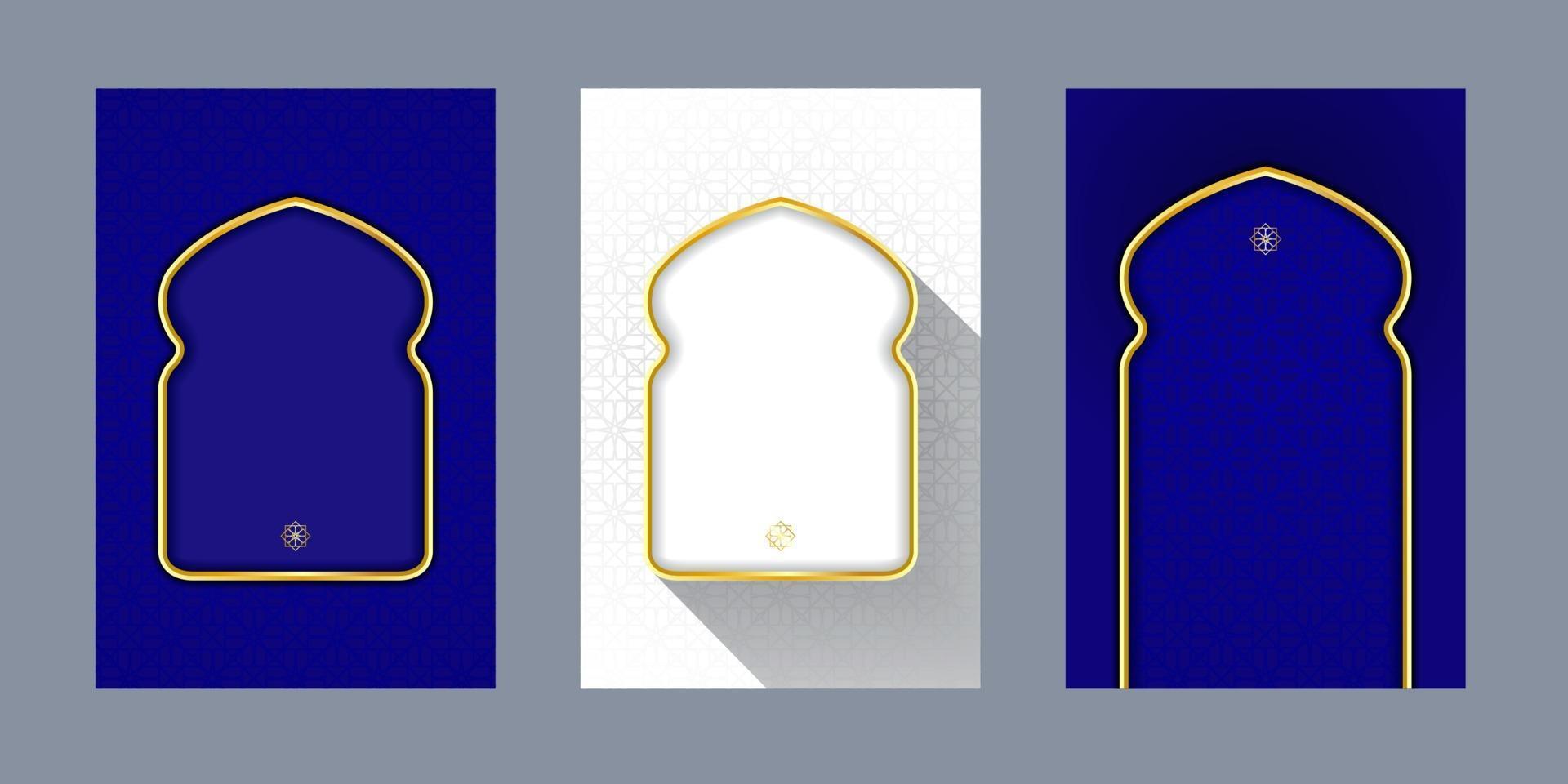 biglietti di auguri modello islamico blu sfondo bianco con porta finestra oro per disegno vettoriale messaggio di testo
