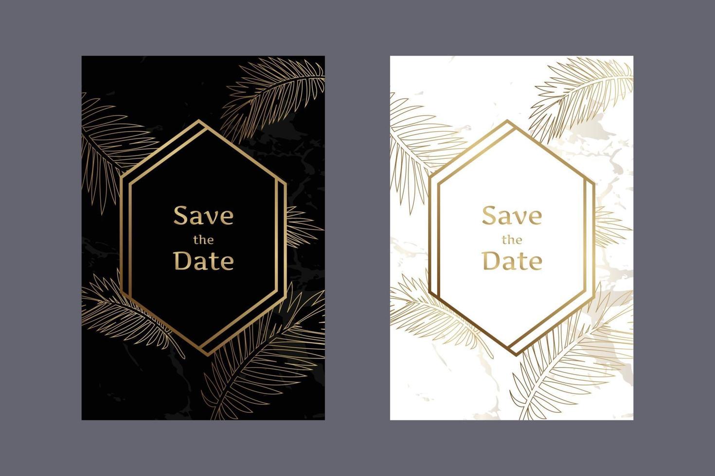 eleganti biglietti d'invito matrimonio sfondo bianco e nero marmo modello con foglie d'oro e cornici geometriche modello di disegno vettoriale