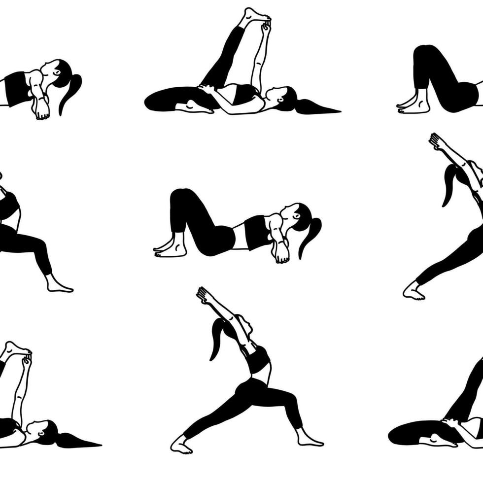 yoga pose senza soluzione di continuità modello sfondo. nero e bianca. femmina donna ragazza. vettore illustrazione nel piatto stile isolato su bianca sfondo.