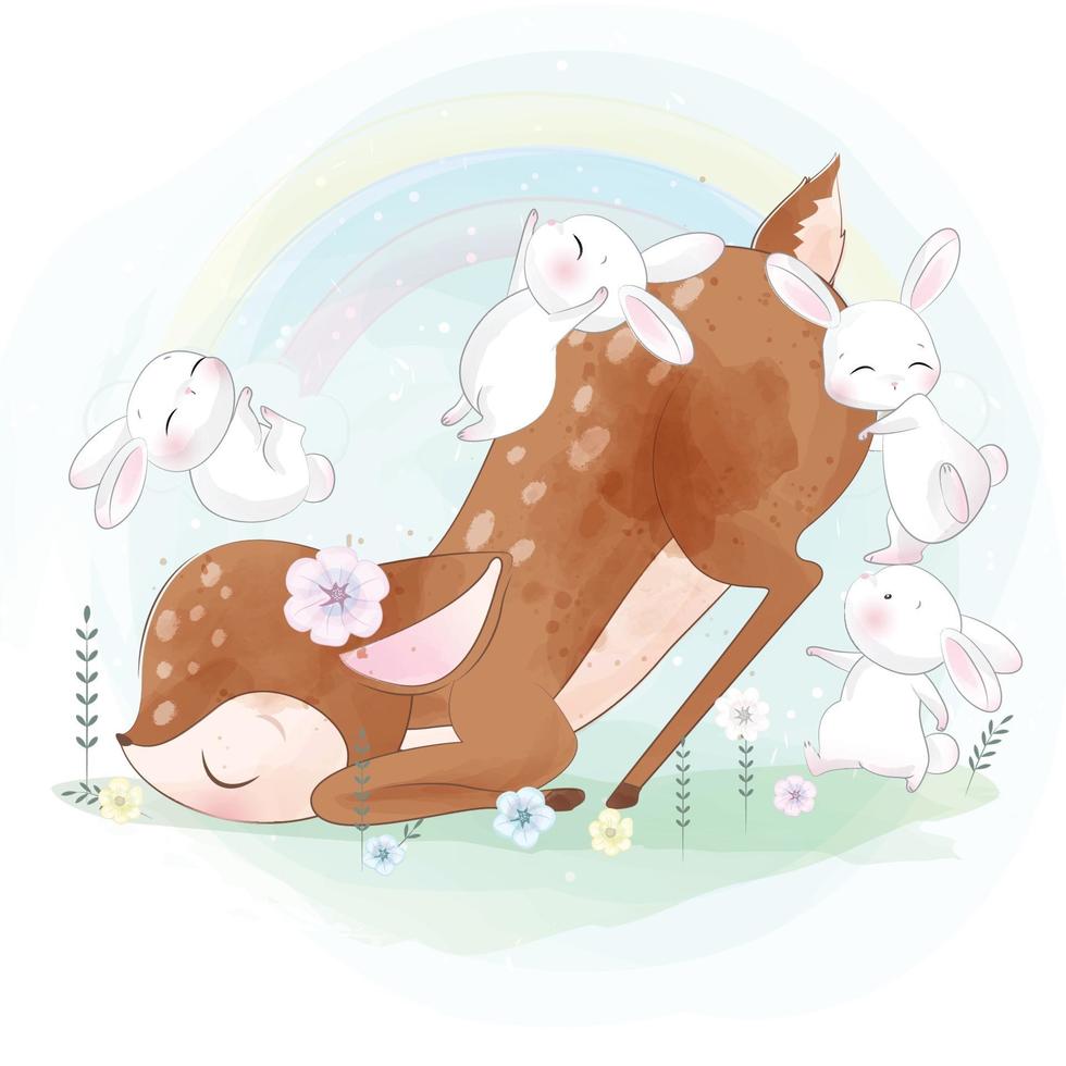 carino cervo giocando con coniglietti illustrazione vettore