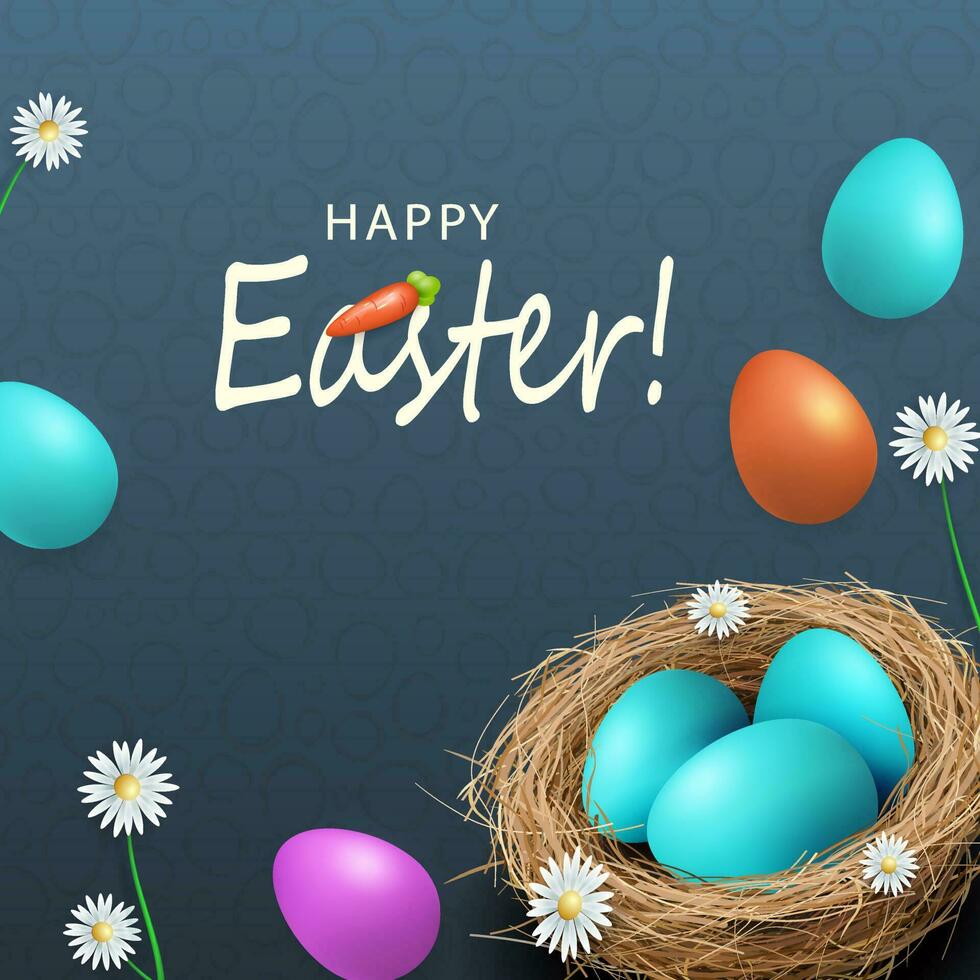 festivo Pasqua carta, uova con un' modello nel il nido, meraviglioso fiori. vettore