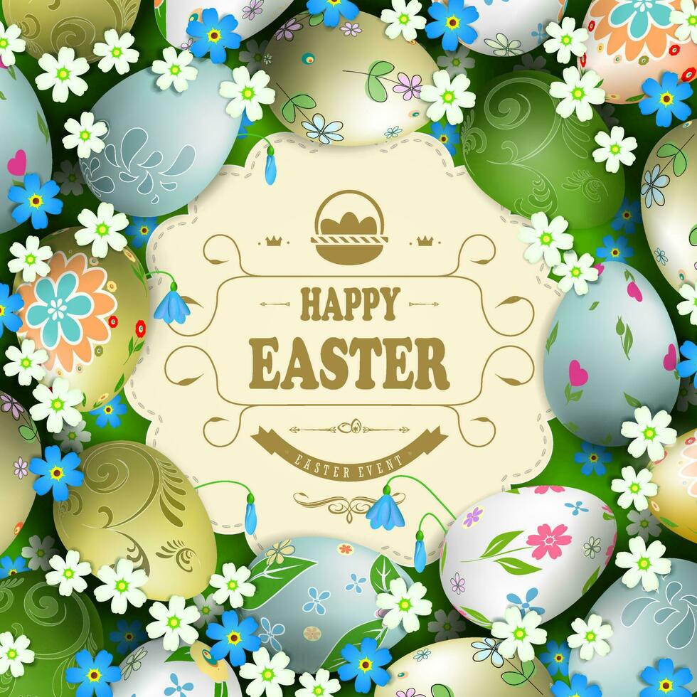 Pasqua composizione con bellissimo uova disegnato nel un' cerchio, fiori e erba. leggero Riccio telaio con treccia e testo. vettore