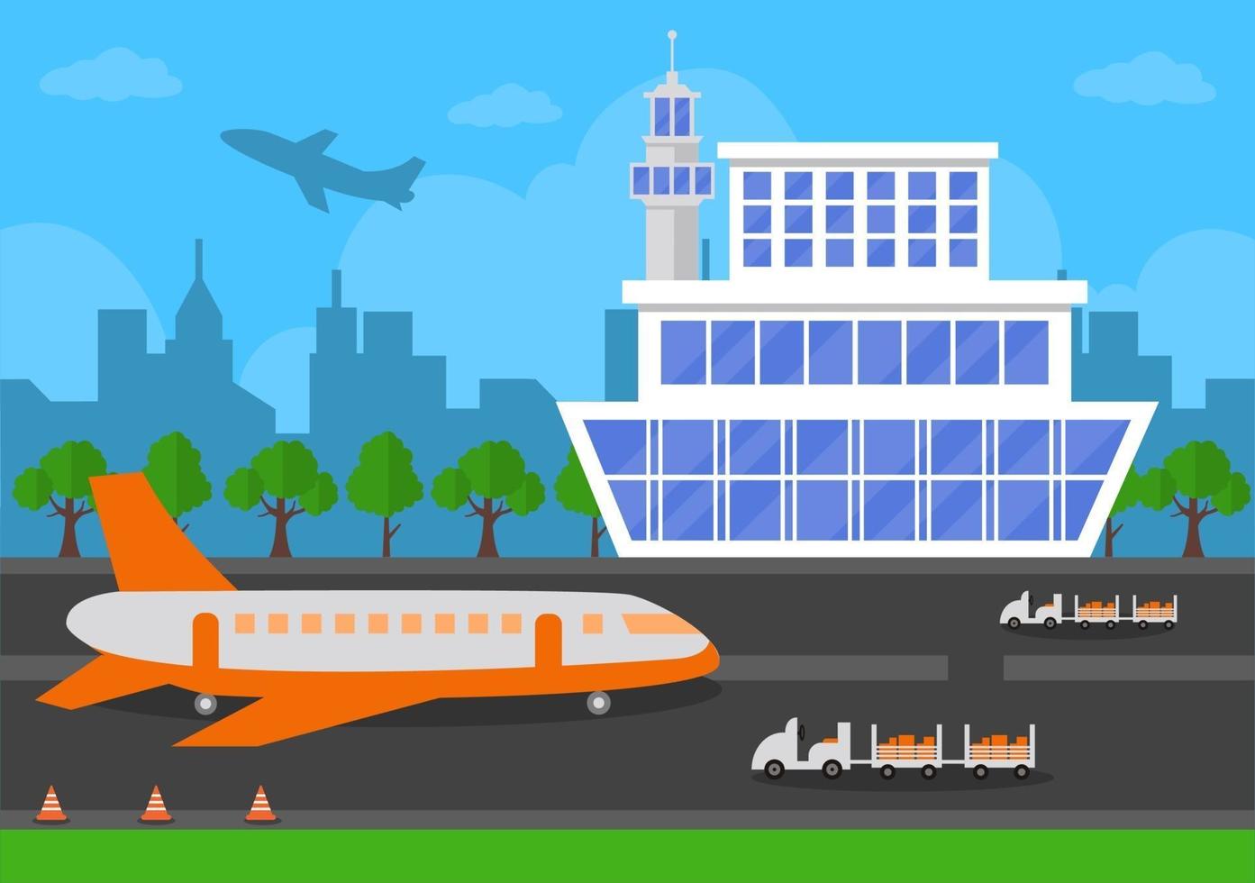 terminal dell'aeroporto con aeromobili in decollo e diversi tipi di trasporto elementi modelli illustrazione vettoriale