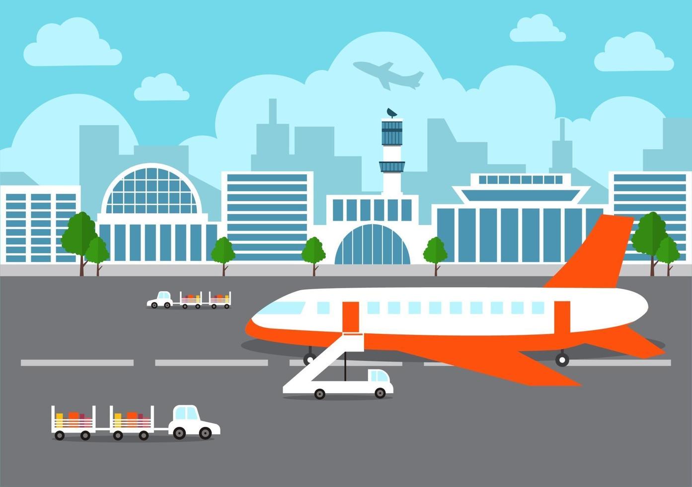 terminal dell'aeroporto con aeromobili in decollo e diversi tipi di trasporto elementi modelli illustrazione vettoriale