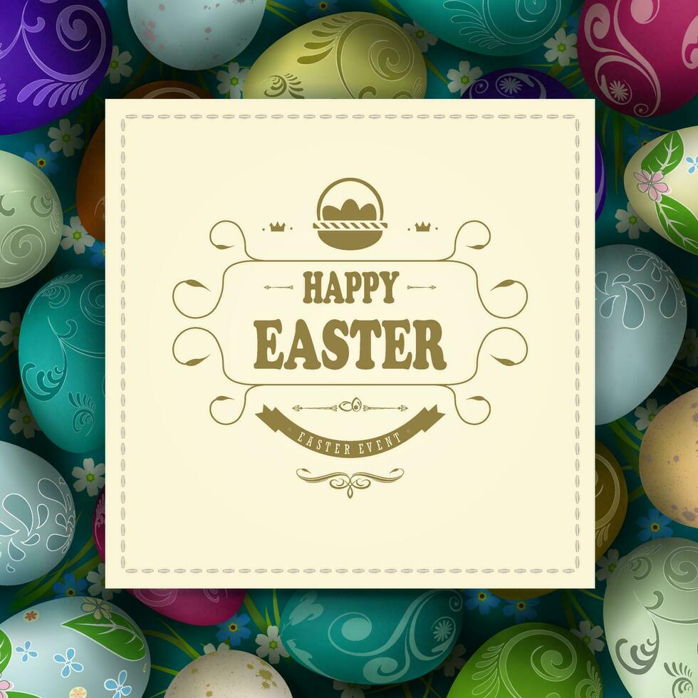 Pasqua composizione con un' piazza telaio con intrecciati treccia, un' impostato di meraviglioso Pasqua uova di vario modelli. vettore
