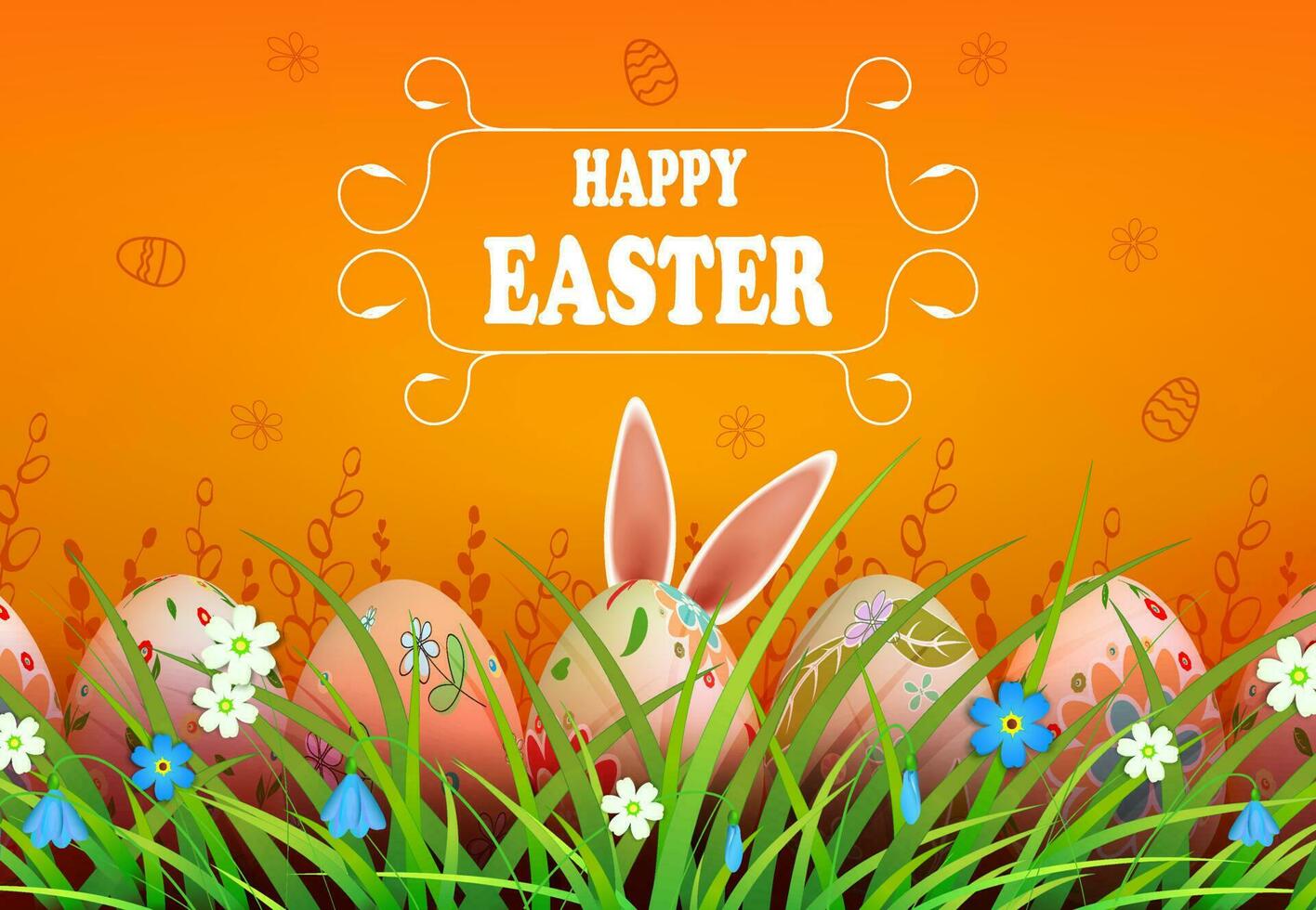 Pasqua arancia composizione, coniglio orecchie, colorato uova siamo disegnato nel il erba con fiori. vettore