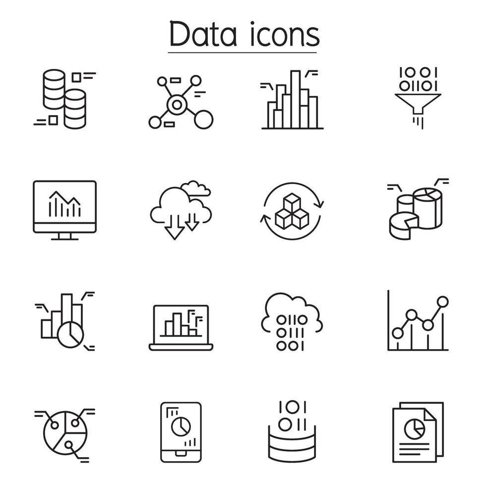 dati, grafico, grafico, icona del diagramma impostata in stile linea sottile vettore