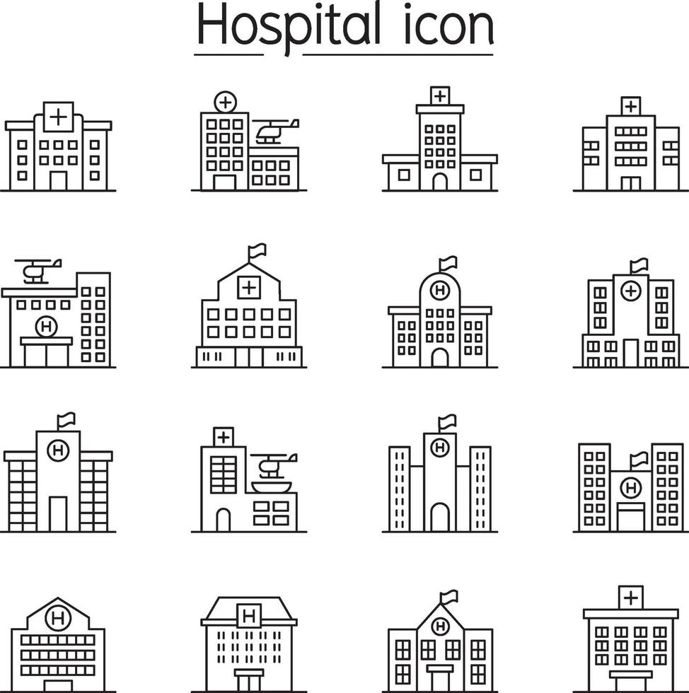 edificio ospedaliero, icona del centro medico impostato in stile linea sottile vettore